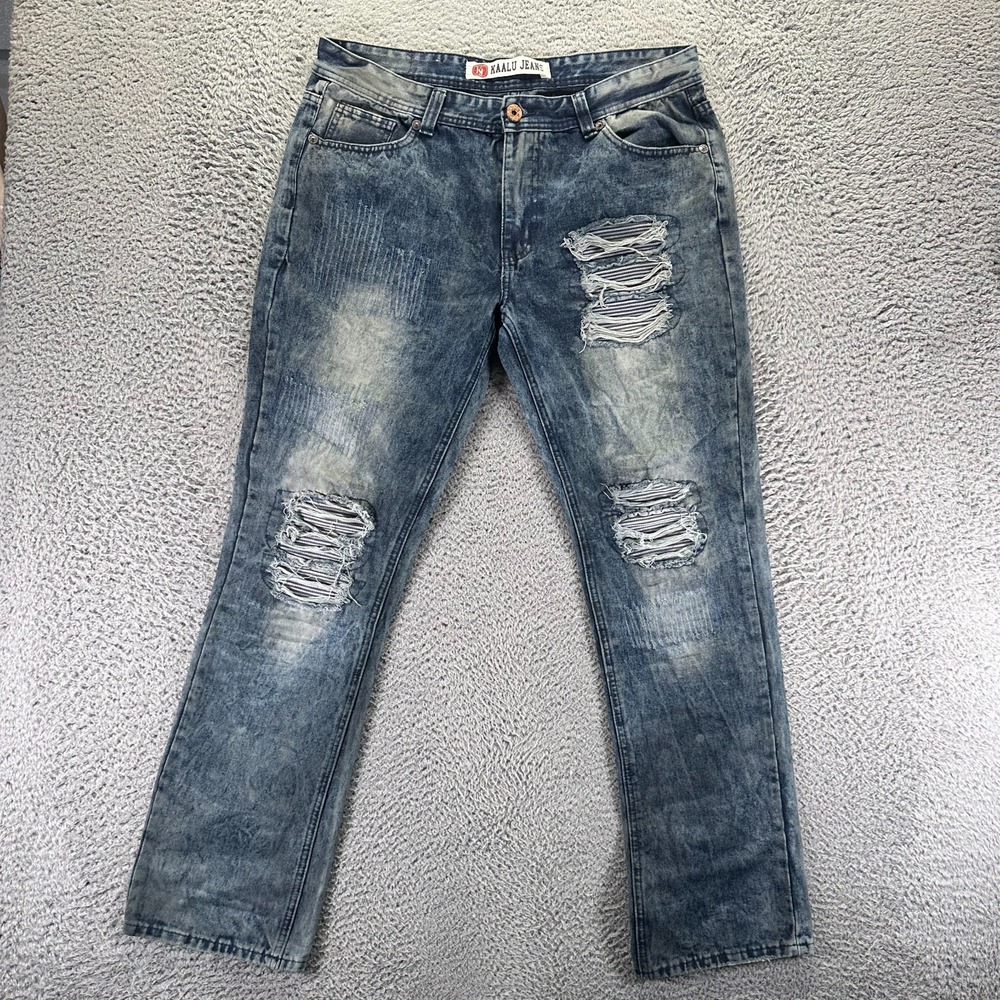 Kaalu Jeans Mens 38x32 Blue Cotton Denim Straight Leg Faded Distressed Stretch